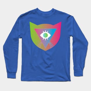 Rainbow Laser Cat Whiskers Evil Eye LGBTQIA2S+ Pink Green Triangle Shield Protection Optical Illusion Illuminati Y2K Graphic Design Long Sleeve T-Shirt